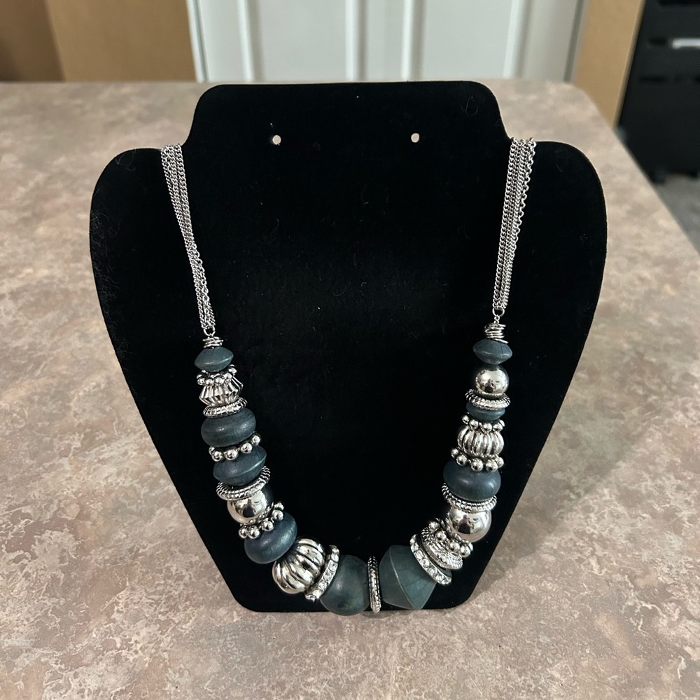 Urban Outfitters Bohemian Large Beaded Navy Blue Silver Necklace with bag